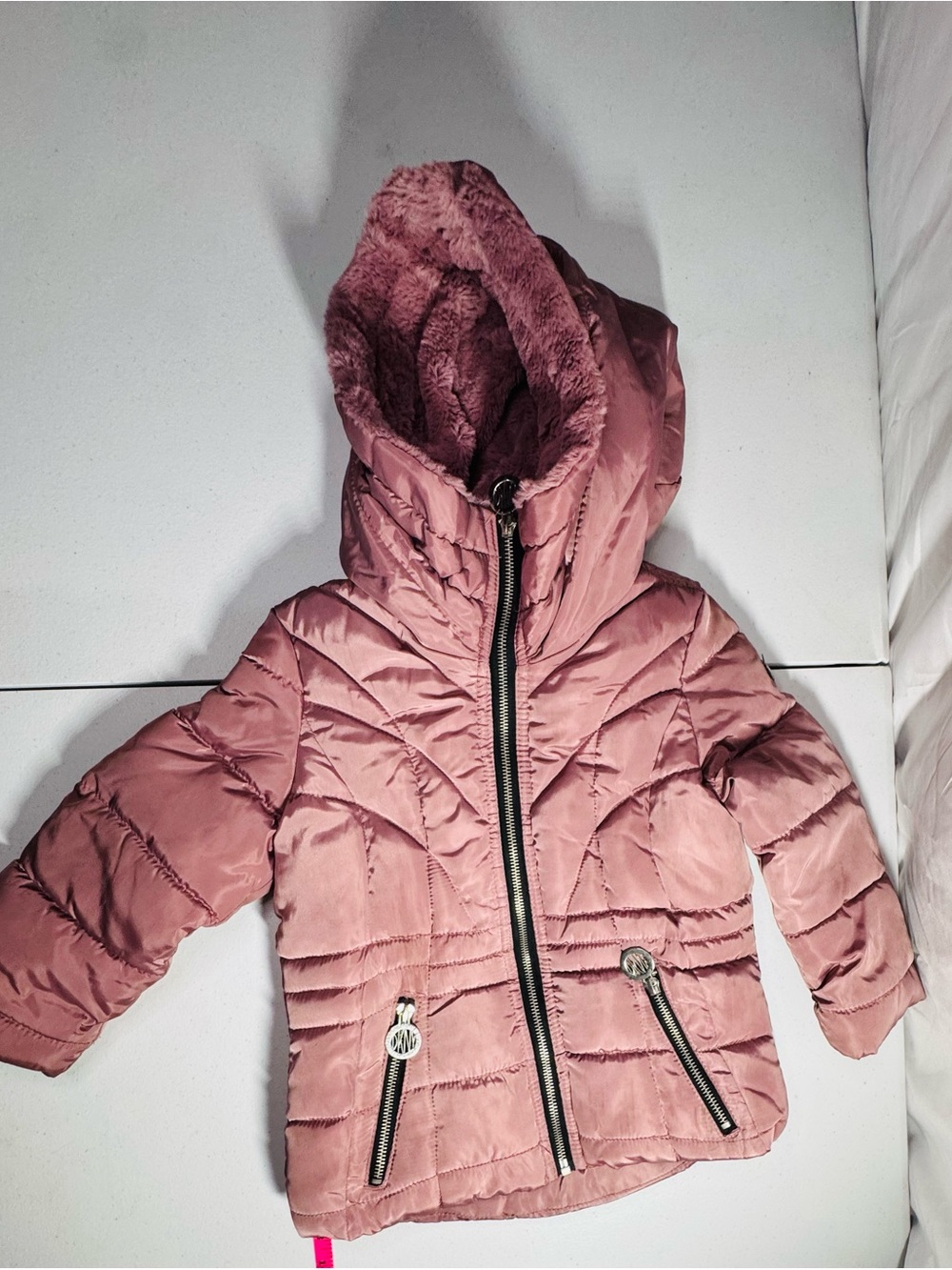 Dkny Pink Girls Puffer Jacket with Faux Fur Hood